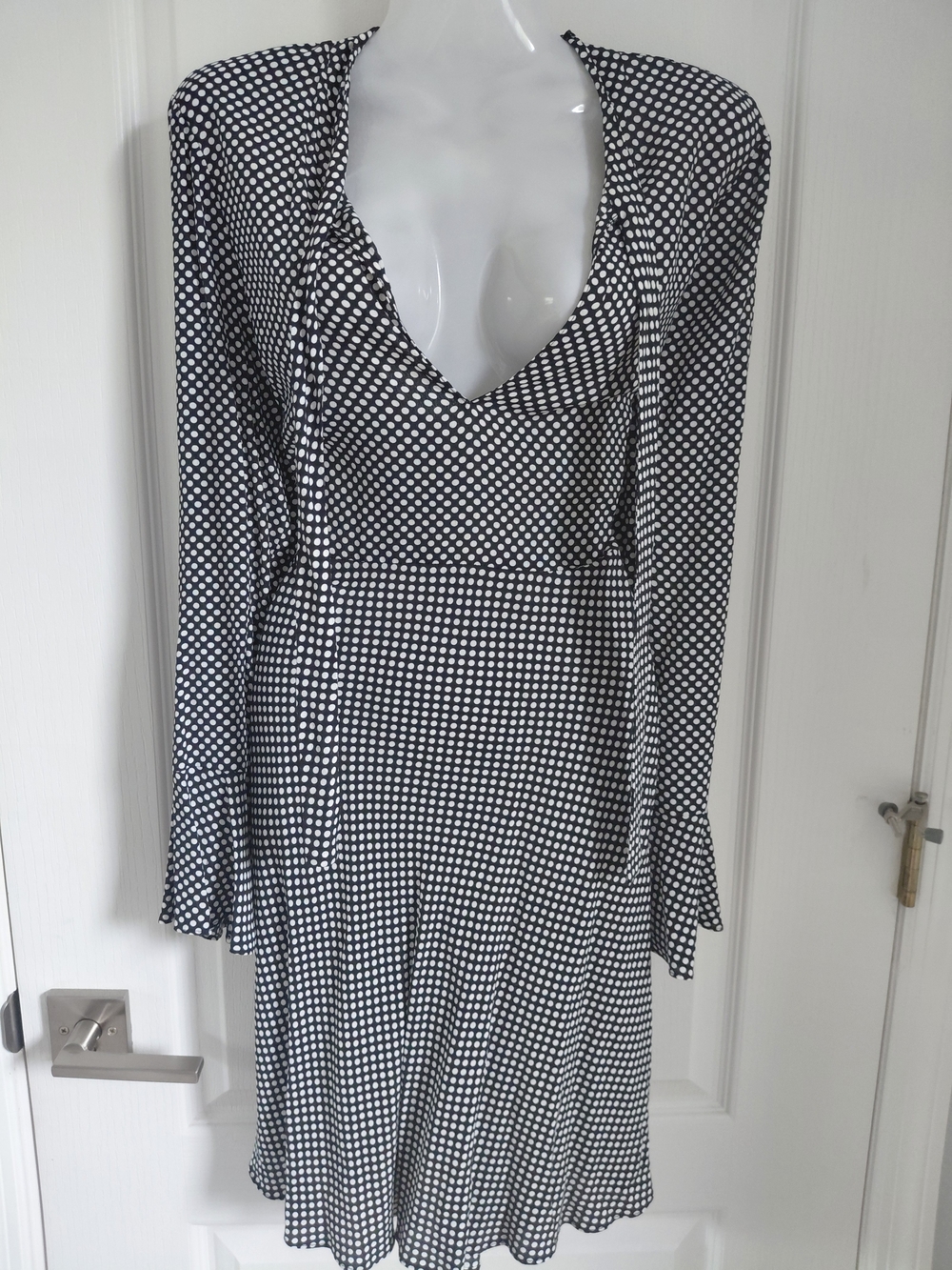 Zara Black and White Polka Dot Long Sleeve V-Neck Dress